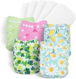 Baby Cloth Nappies Babies 10 Pack Washable Nappies Diapers 5 Cloth Diapers & 5 Reusable Nappies Inserts Adjustable Super Absorbent Pocket Nappy Infants (Gray Unicorn Flamingo Rabbit Lemon)